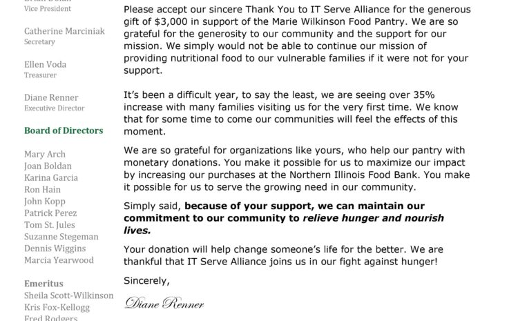 Received a Thank You letter From Executive Director of Marie Wilkinson Food Pantry