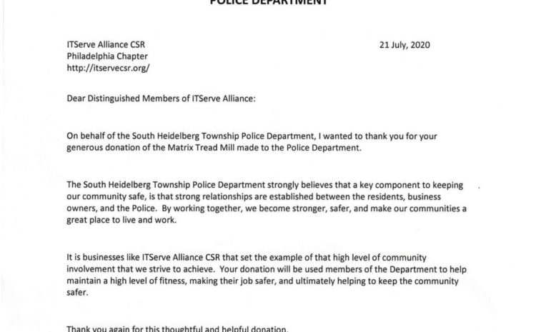 Received a Thank You letter from South Heidelberg Township Police Department