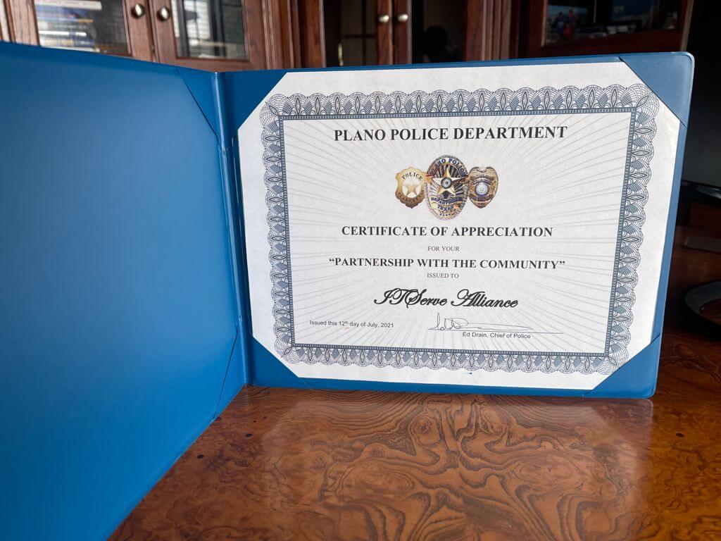 Certificate of Appreciation from Plano Police Department